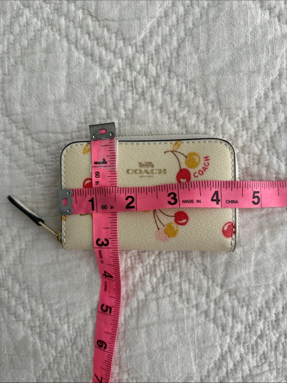 Coach Cream Zip-Around Coin Purse Wallet with Red and Yellow Cherry Print